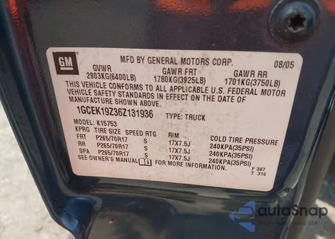 2006 Chevrolet Silverado 1500 Lt1 из США, поврежденный, VIN 1GCEK19Z36Z131936